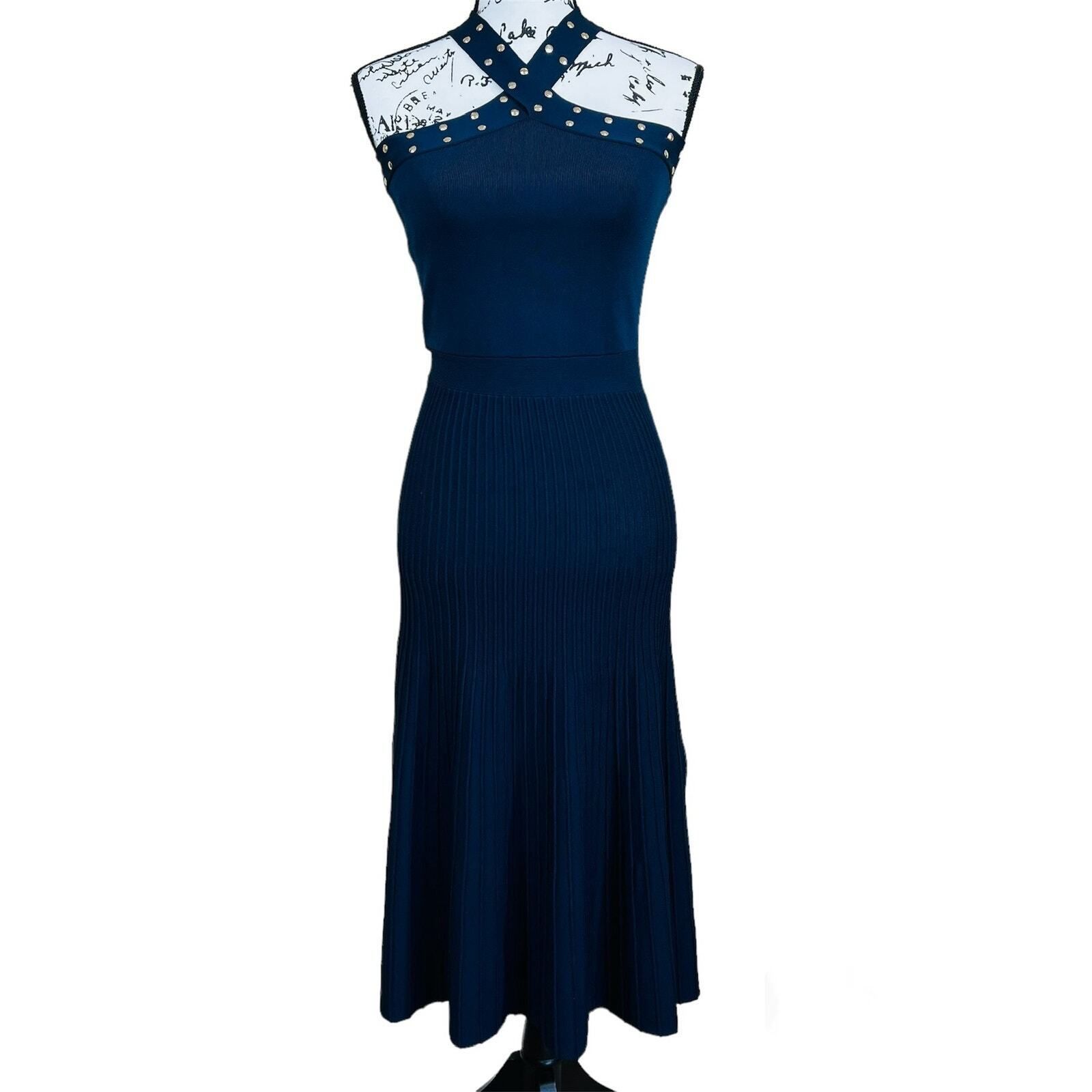 Michael Kors Dark Blue Halter Midi Dress W/ Studded Size S Chic Baddie Romantic